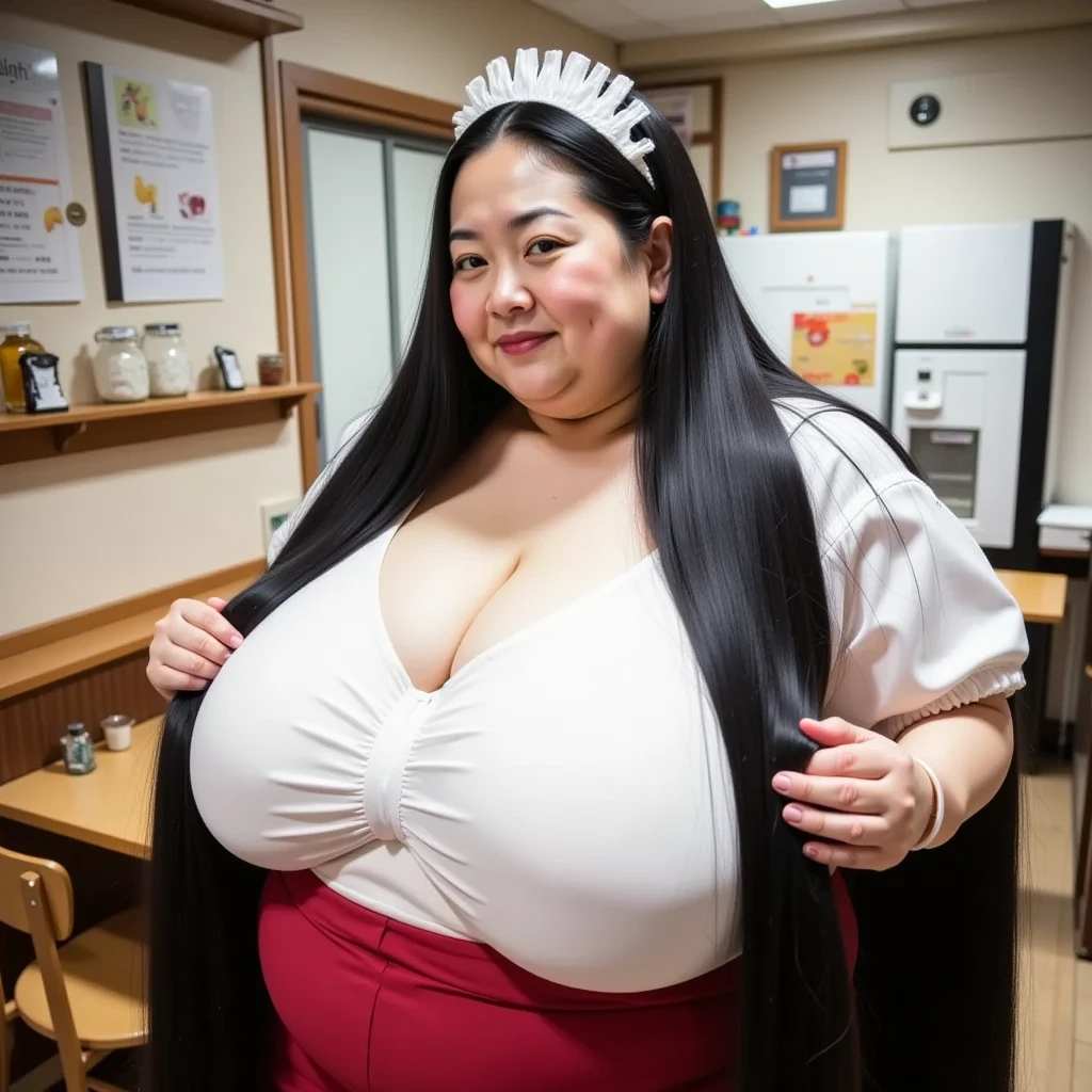 8k,Highest quality, masterpiece, Ultra-high resolution,(masterpiece:1.6, Highest quality), Intricate details, 1 female,Middle-aged woman in her 50s, japanese, full body, top of head, ((Absurdly long hair:1.5)),((jet Black Hair)), ((forehead:1.5)), Extremely obese, Fat face, round face, Saggy face, crow's feet wrinkies, ((huge breasts, gigantic breasts:1.5)), ((super Saggy breasts:1.5)), (( pale skin, shiny skin)),((A mature woman dressed as a maid greets customers at a maid cafe during the day:1.2)),(( White maid cafe uniform,Red mini skirt,White hair band:1.2)),((machine,chair,Fruit Parfait,Wooden comb:1.2))