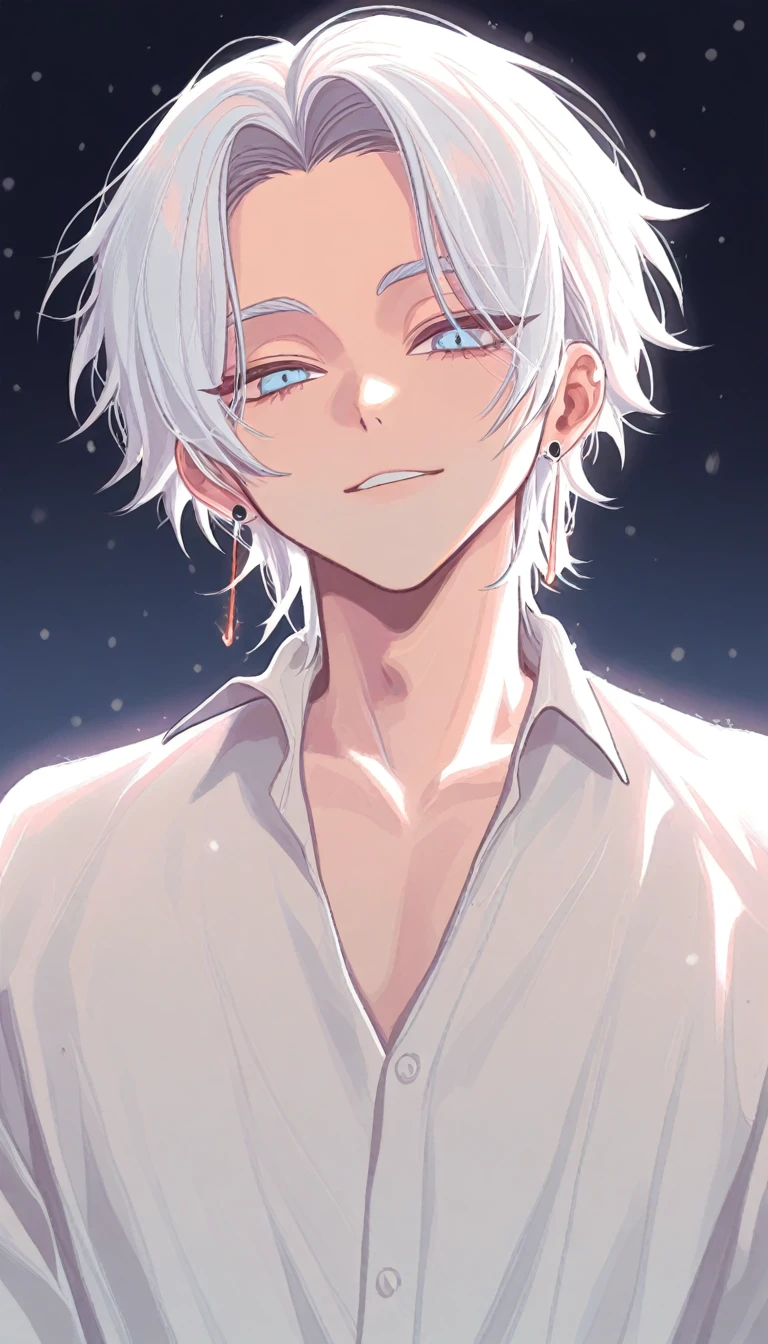 (A man with white hair wearing a white short-sleeved shirt, tears streaming down his face, mouth open, looking shy and blushing: 2.1)
(White-haired Man, Wide-eyed: 1.8)
(Tears, Emotional Expression: 2.0)
(Blushing, Shy Expression: 1.9)
(White Hair, White Shirt: 1.7)