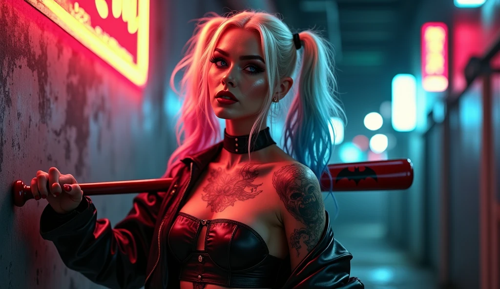 ((NSFW)) Masterpiece, portrait of a beautiful young lady with the apearance of harley quinn with pretty make-up and black and red glossy lips. She is posing seductively with a sexy and sultry expression while laughing and holding a basball bat. She has a tattoo of a skull and heart, and a small diamond tattoo under her eye. She has thick long blonde hair tied in twin bunches with pink and blue ends and she is wearing a small tight black and red leather jacket falling off one shoulder and tight black and red short leather skirt with chains and fishnet stockings. She is in on a city sidwalk at night with pink and blue neon lights illuminating the scene. it is raining, she is wet with wet hair. She has very large Voluptuous breasts. One hand is cupping one of her breasts. Taken by professional photographer using a canon 5D mark 3. Extremely detailed and colourful --ar 2:3 --v 6.0 --style raw --s 750