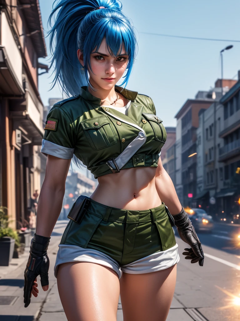 alone, in a video game scene, a background of a beautiful city, standing at attention, blue hair, wears a ponytail in her hair, 1 girl, alone, 30 years old, young woman, wears military clothing, military shorts, military boots, military gloves, navel type military blouse, perfect hands, beautiful and perfect fingers, beautiful legs, perfect legs, beautiful body, beautiful nose, beautiful character design, perfect face, looking at the viewer with an angry gesture, in an attack position ( focusing on his face), closed mouth, Light_Smile, official art, extremely detailed CG unity 8k wallpaper, perfect lighting, bright and colorful front lighting, glowing skin (masterpiece: 1.0), (best_quality: 1.0), ultra high resolution, 4K , ultra detailed photography, 8K, HDR, high resolution, nonsense: 1.2, Kodak portra 400, film grain, blurred background, bokeh: 1.2, flare lens, (vibrant_color: 1.2), professional photography, (beautiful_face: 1.5), (narrow waist),
