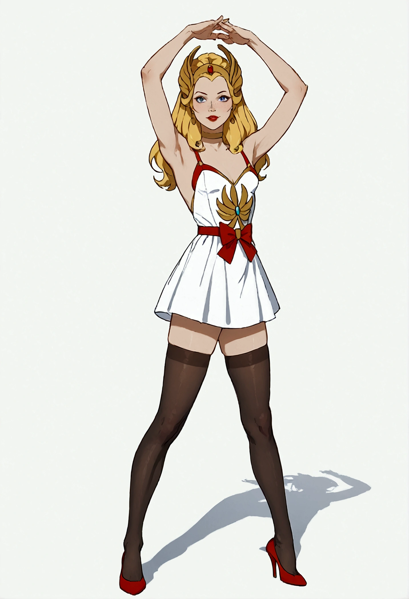 ((full body shot, standing, feet on the ground)) She-Ra - Princess, masterpiece, best quality, highly detailed, score_9, score_8_up, score_7_up, score_6_up, anime font,BREAK, 1girl, solo, no clothes, naked, long hair, blue eyes, flower, blonde hair, hair crown, small breasts, bow, looking at viewer, freckles, parted lips, smile, full body, golden details, red lips, lips, ballet leather slipper, from the front, She looks at you, the gauze hurts, fishnet stockings, tying the shoelaces, white background, neutral plaster, ((Full body photo, standing, feet on the floor)) Eyes full of love and affection, eyeliner, mascara, solo lady, legs fully extended and straight, lying on her back with legs raised, thighs together, ultra detailed, stocking -black tights black tights, dance pose

