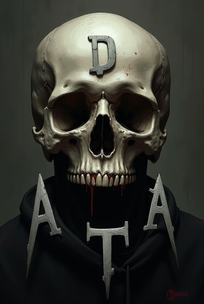 This image is a digital illustration with a dark, almost black background, which contrasts sharply with the detailed, vividly colored subject. The central figure is a stylized human skull, rendered in a realistic, yet exaggerated manner. The skull is adorned with various gold accessories, including a large, ornate crown on top, a thick gold chain around its neck, and multiple gold rings on its fingers. The skull is depicted with a raised hand, making a peace sign with its fingers, with the word "PEACE" written in white, uppercase letters above the fingers.
The skull's eyes are hollow, and it has a grinning expression, with its teeth prominently displayed. The texture of the skull is highly detailed, with intricate line work and shading that gives it a three-dimensional appearance. The gold accessories, particularly the crown, are meticulously drawn with fine lines and highlights, creating a sense of luxury and opulence. The background is devoid of additional elements, ensuring that the skull and its accessories are the sole focus of the image. The overall style of the illustration is contemporary and urban, with a strong emphasis on bold, contrasting colors and detailed, realistic textures.