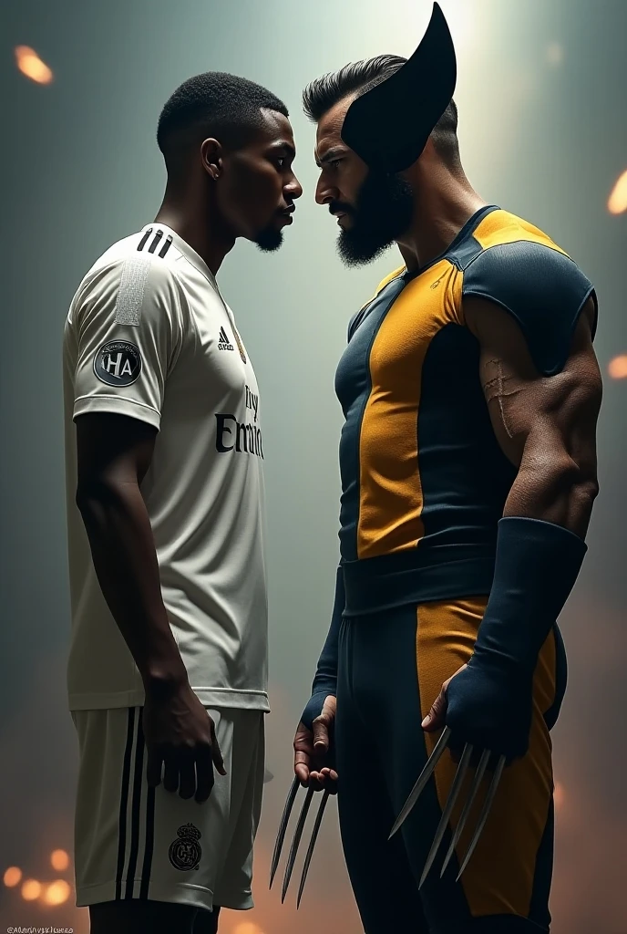 A strong hairy Persian football player with lots of hair on his chest and beard, wearing no shirt, black shorts and red socks and black boots, shaking hands with a Brazilian soccer player, wearing no shirt, White shorts, white socks and white boots, on the lawn of the large football stadium full of people.