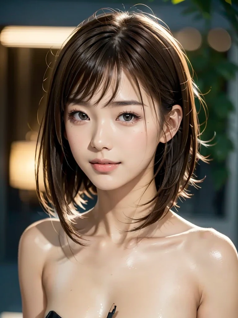 masterpiece, Highest quality, Super detailed, 複雑に詳細なSuper detailed, Realistic, Sharp features, Very detailed, Sharp focus, 20-year-old, Perfect Face, Perfect Face, Perfect symmetrical perfect eyes, Perfect Plump Lips, Flexible female form, Film Light, Super detailed, hyper Realistic, High resolution, Vibrant, Dynamic Studio Lighting, short hair, Brown Hair, Shoulder-length layered, Asymmetrical bangs, Brown eyes, (A soft smile:1.2), Full Body Shot、Full nudity、Thin pubic hair