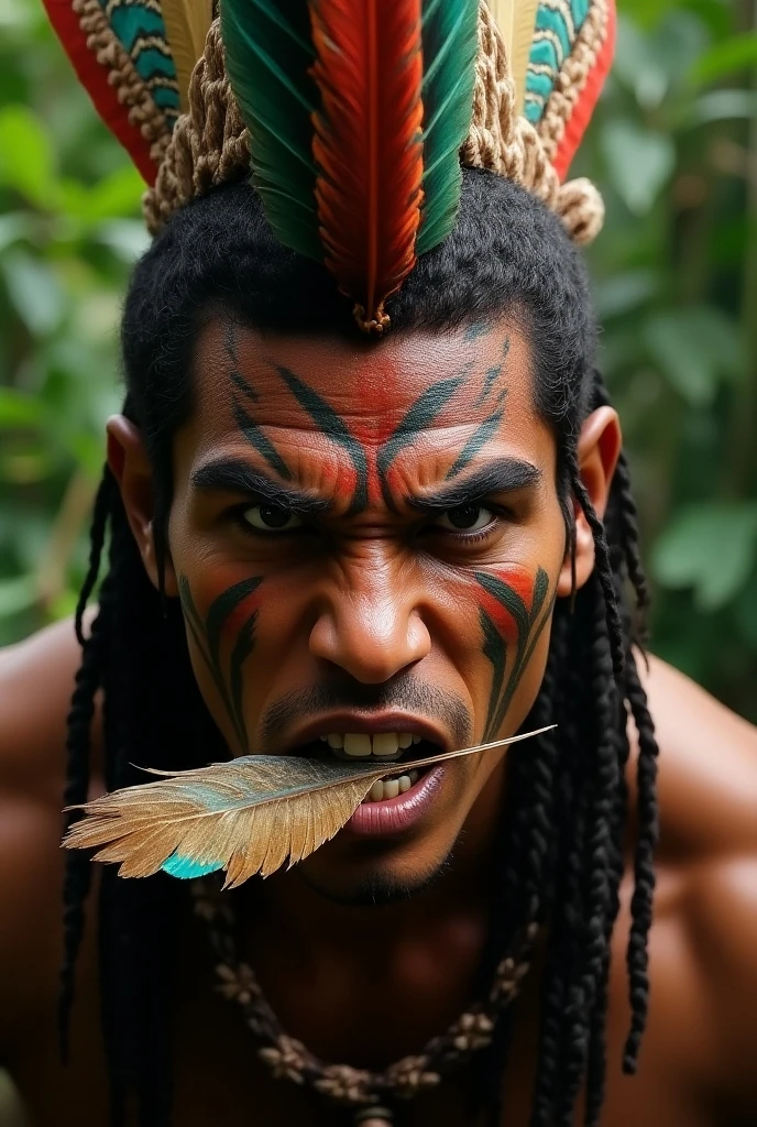 Image of curupira Brazilian folklore with fire hair demon with green body and feet turned back with a whistle on the neck