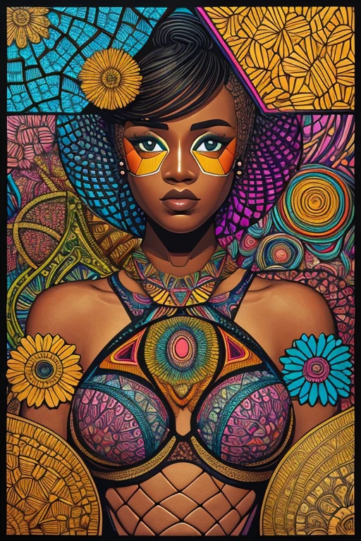 Expressionist artwork images of multiple floating ceramic heads, 3d collage style, make it weird and gallery worthy, ((black woman)), portrait, absurdres,highres,ultra detailed,ultra-detailed background,detailed background,extremly detailed,1girl,bunch of flowers,(zentangle:1.2),(geometric:1.2) multi-colored color palette, monochromatic, big , cleavage, sideboob, lingerie, realistic depiction, arms behind back, kaleidoscopic, multidimensional, ethereal glow, captivating uniqueness, surreal juxtapositions, visual symphony, unforgettable visual narrative, edgy, mathematical, simple-shaped vectors, highly modern, stylistic, polygonal abstraction, vector art, bold lines, minimalist color scheme, digital art, abstract geometry