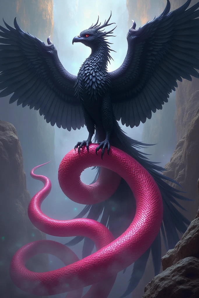 Dark angel seraph, three pairs of dark feathered wings purple light, black halo purple light, albino snake with green eyes and dark tears