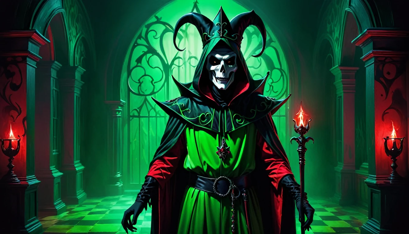 green gloomy environment  ,  neon green background and in the middle grim reaper dressed as a court jester in a black red outfit,  gloomy horror style with shadows on the background 