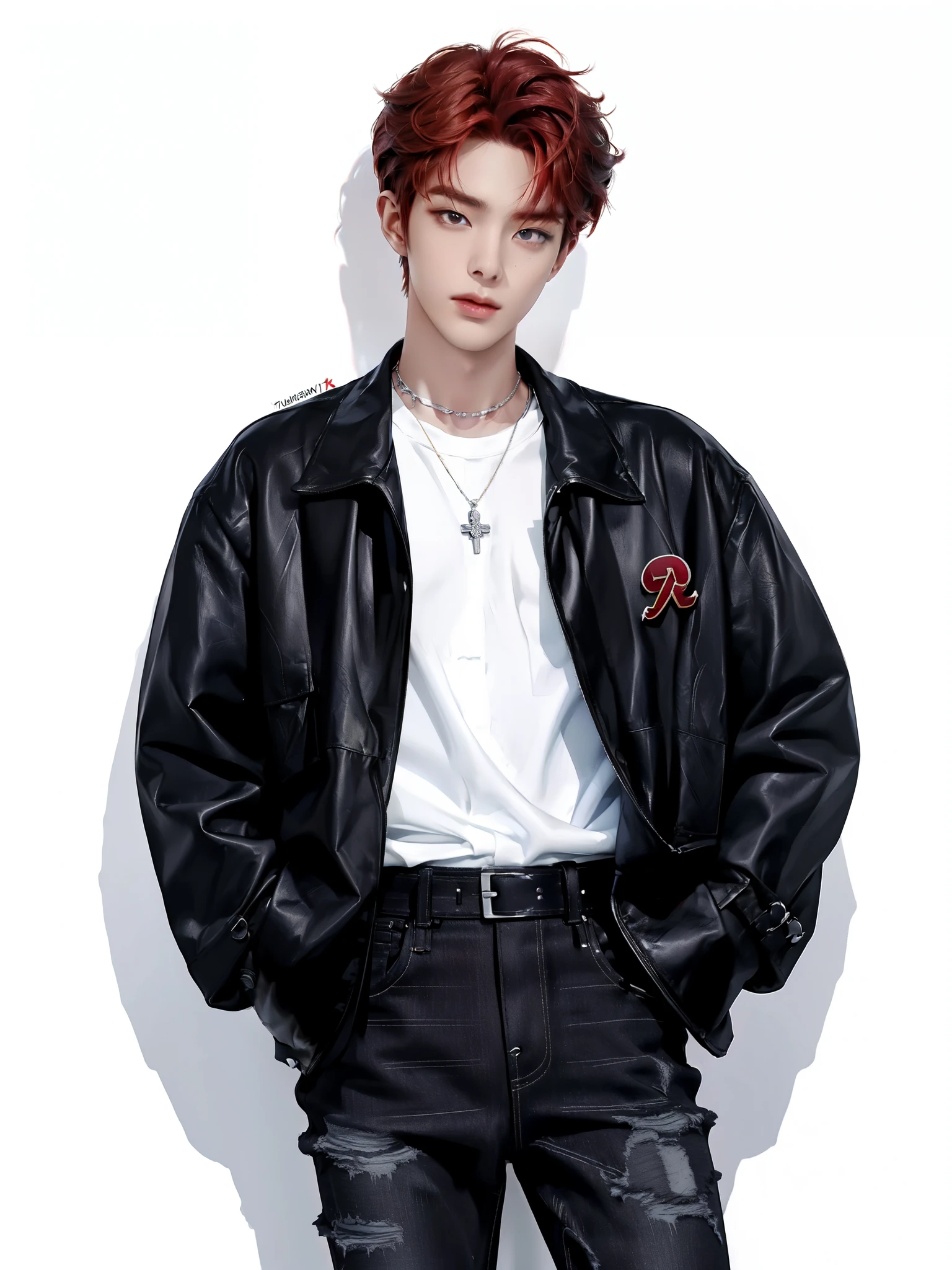 4K)) ((very high quality)) ((white background))  stands straight ,  Korean, Участник K-pop группы, ((amber-red hair color)) one man,  stands straight  один участник к-поп группы,  Yongjun has a sophisticated and attractive appearance ...., which immediately distinguishes it from others. He has soft facial features....., perfect skin and expressive eyes, his nose is long, and plump lips. Yunjun medium length hair, slightly wavy,  pants and is painted in a warm reddish tint with a slight honey tint. He often styles his hair like this, so that the bangs are on both sides ,  adding mystery and romance to your look .  Yongjun wears a silver metallic bomber jacket ,  worn over a simple black shirt . Skinny pants with belts and unusual fasteners.  Around his neck there is a long chain with a pendant ,  and is holding several leather bracelets .((very detailed face)) (( detailed eyes )) (( relaxed pose )) ((full size pose)) ((looks at me)) ((hands are relaxed)) ((detailed face)) ((hand in pocket) ((full size pose)) ((painting in artistic style)) ((trousers with belt)) (( stands straight )) ((shot at one)) ((black jeans))