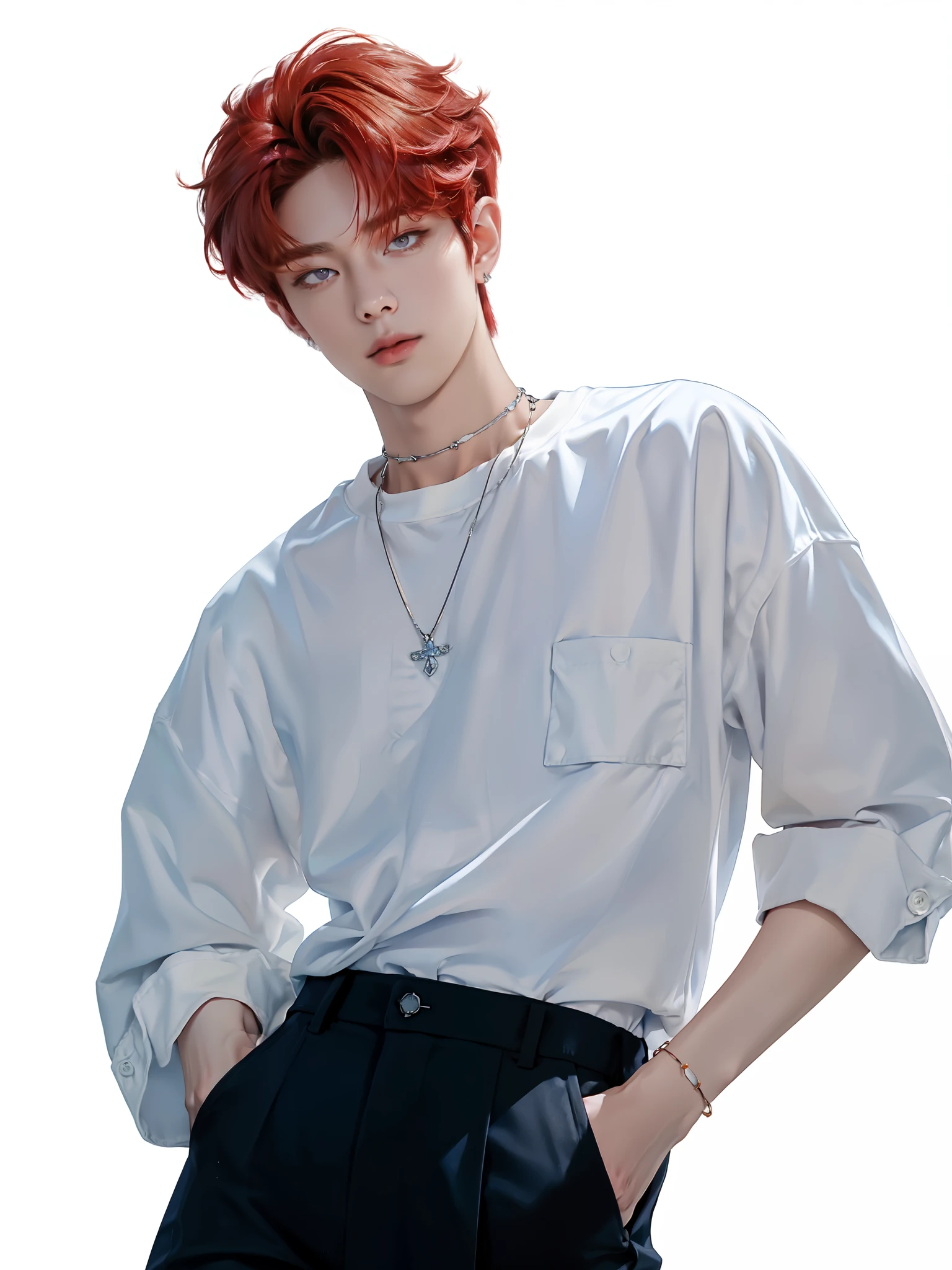 (4K)) ((   high quality   )) (( white background )) ((amber-red hair color)) ((blue trousers)) стоит прмо One участник к-поп группы,   Yeonjun has a sophisticated and attractive appearance   ........, , , which immediately distinguishes it from others  . He has soft facial features............., perfect skin and expressive eyes, his nose is long, and plump lips. Yunjun medium length hair, slightly wavy,   dyed in a warm reddish shade with a slight honey tint  . Он часто укладывает волосы вот So, So,   so that the bangs on your forehead on both sides  , ,  , to add mystery and romance   . He wears :   A light white T-shirt or top paired with a black or dark red silk or velvet vest.   Braces can be left aside or worn casually  , For .
through:   High-waisted black pants with a shiny effect  .
Accessories:   metal choker  ,  thin speaker bracelets  ,   clip-on earrings or small earrings  ,   to add detail  .   Braces create contrast and add sass  . (    relaxed pose    )) ((full size pose)) ((looks at me)) ((hands are relaxed)) ((hand in pocket) ((full size pose)) ((painting in artistic style)) (( white background )) ((Выстрел One)) ((One))