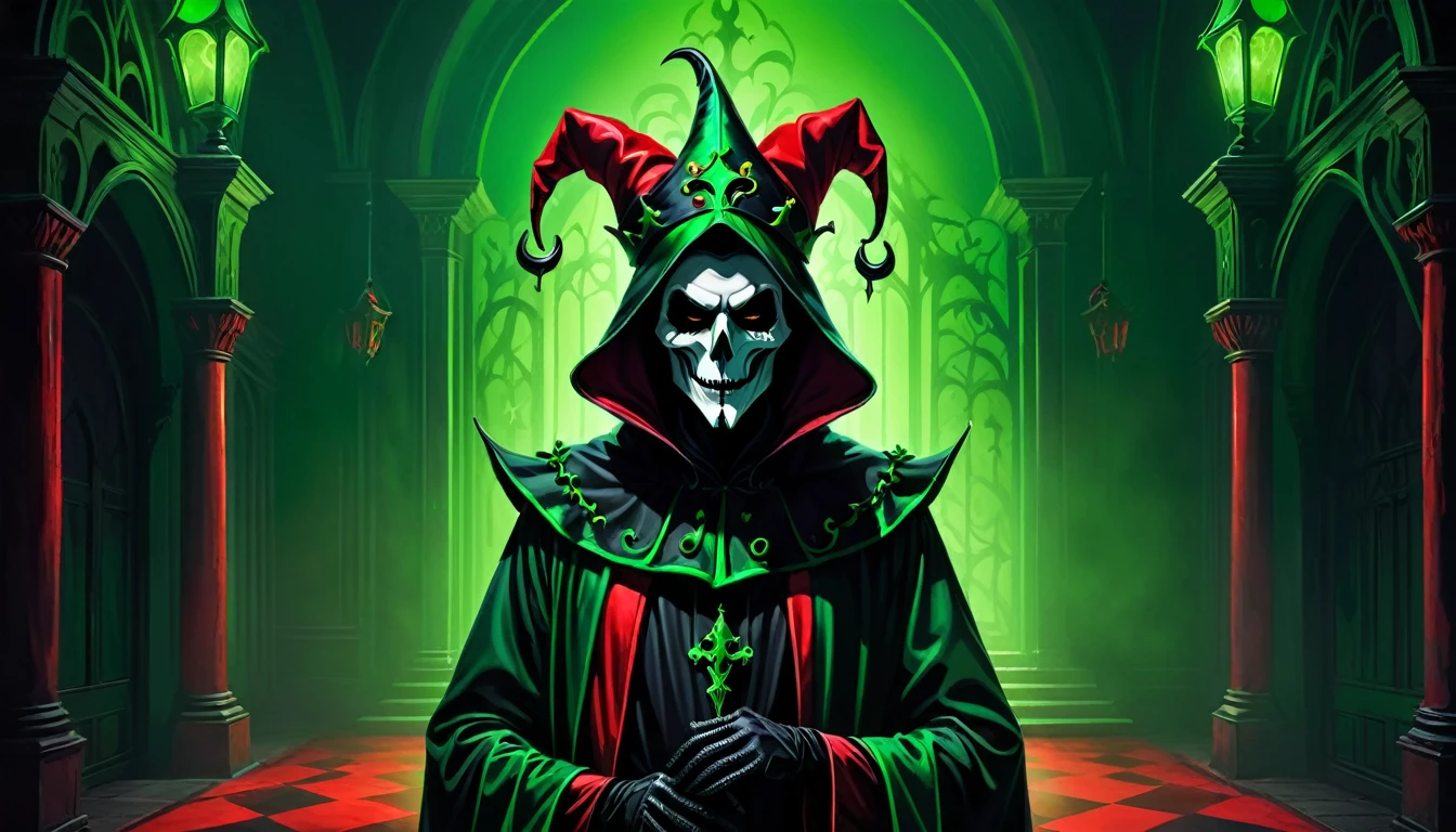 green gloomy environment  ,  neon green background and in the middle grim reaper dressed as a court jester in a black red outfit,  gloomy horror style with shadows on the background 