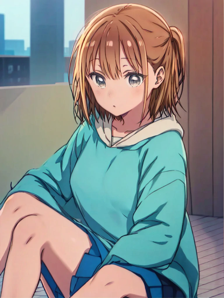  An anime girl is sitting on the ground with her legs crossed