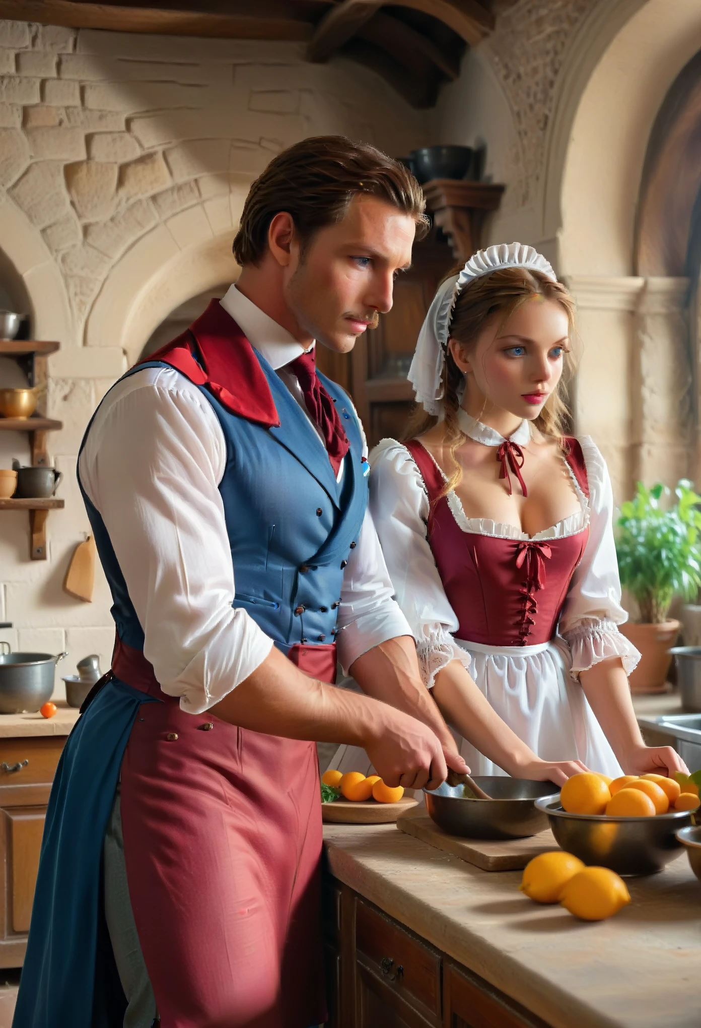 Ancient castle. The gentleman and his maid, hard fucking in the kitchen.