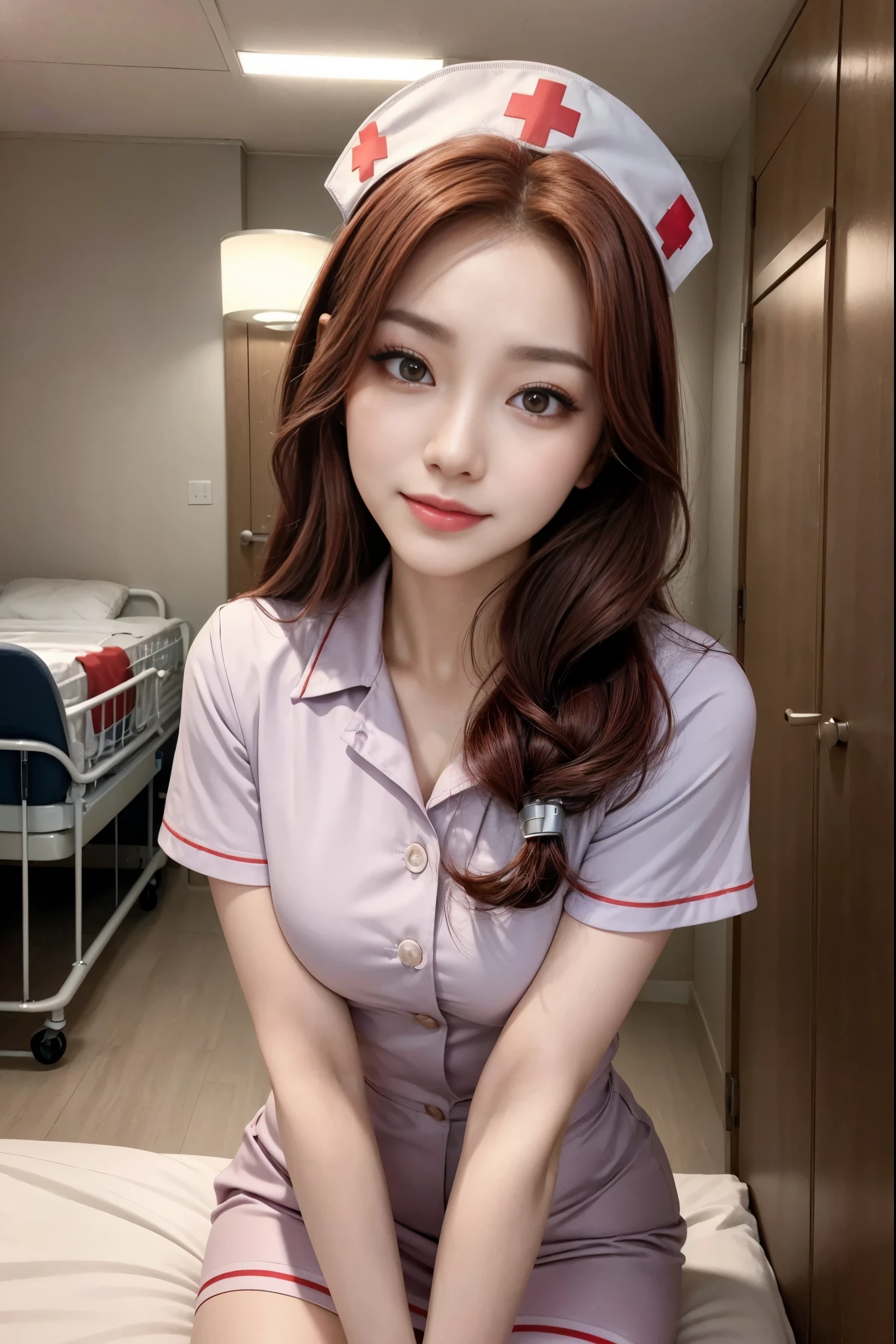 ((Mature woman standng in a room)),((see through pink nurse:1.3)). 40k, Photography, masutepiece, Best Quality, dark grey background, ((Mature Women, waifu, mami, A MILF)), ((voluptuous breasts)), Perfect face, perfect ,  ((1girl_solo with brown eyes and gorgeous bright black hair)). a Pretty Japanese woman，wet hair look, completely soft chest and white skin,, ((Very soft breasts)). Ultra-detailed face, Detailed eyes, embarrassed, Smile, Winter, Daytime,  side  view,  