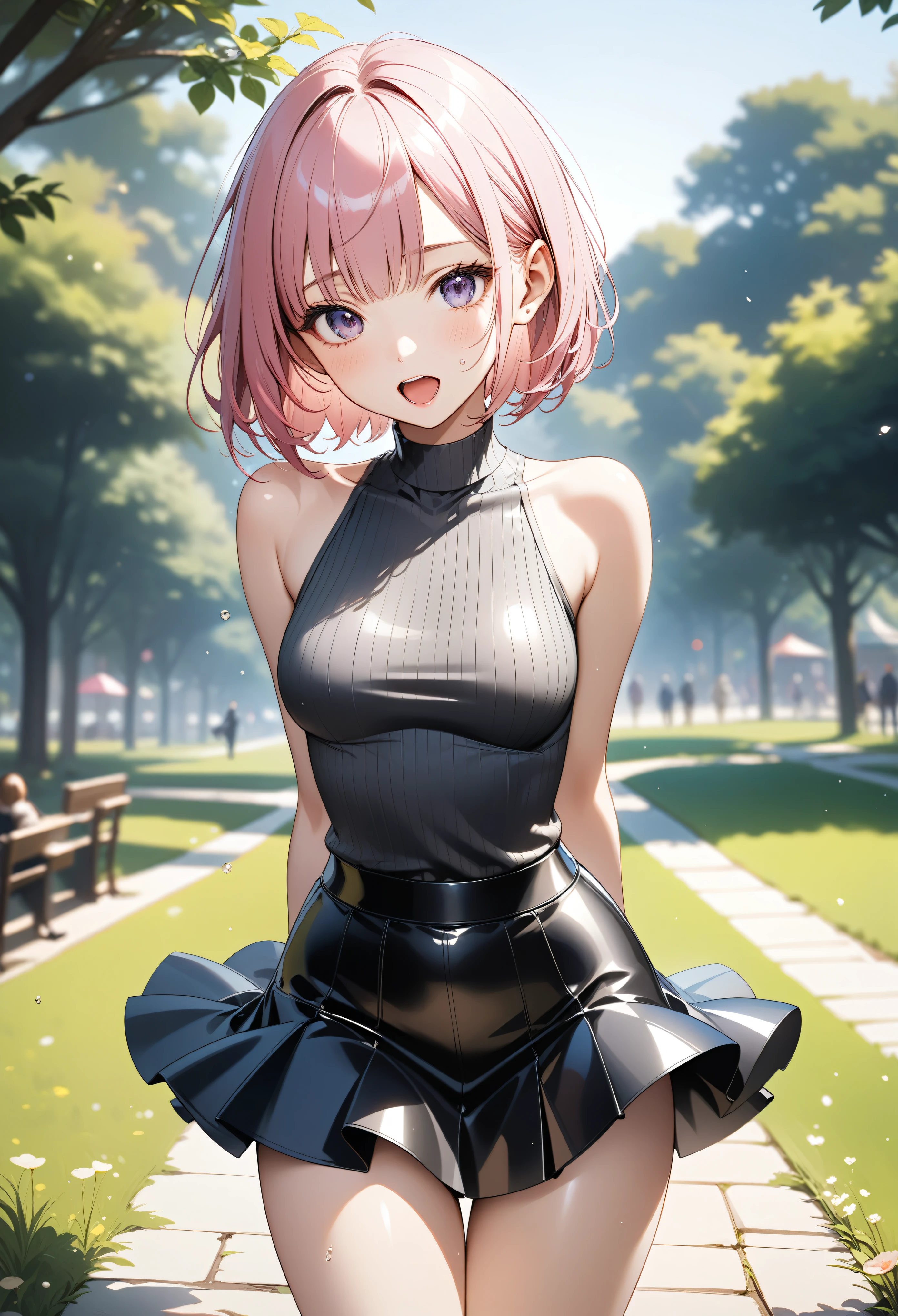 ((One-piece dress)), (Pleated skirt), Gloss Outfit, skinny, solo, 1 woman, Masterpiece, highest quality, highest quality, 16K, incredibly absurd, highly detailed, 2.5D, ai-generated, delicate and dynamic, very delicate facial expressions, delicate eye depiction, erotic, only sexy woman, ((A cute and kind face)), healthy figure, ((25-year-old woman)), 160cm tall, medium firm swaying bust, (short hair), (pink hair:1.5), bob cut, black eye, blush, Sweat,Embarrassed,sexy, ((thin thighs)), (camel toe:0.5), (visible nipples:0.8), (Erect nipples,:0.5), ((shiny and lustrous)), facing straight at viewer, smile, (standing), cowboy shot, ((arm at side)), Large park, daytime, bright, on the grass, (((Pop colour outfit))),