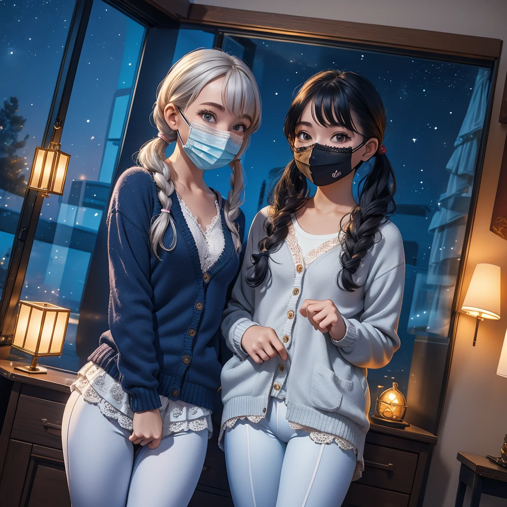 Two Women .nightsky.window (8k)  Inside  room. autumn. heart mark. disney.lace  Cardigan. Pajama. Under low camera angle.  Selfee. (White leggings)pigtails. Standing. Mask