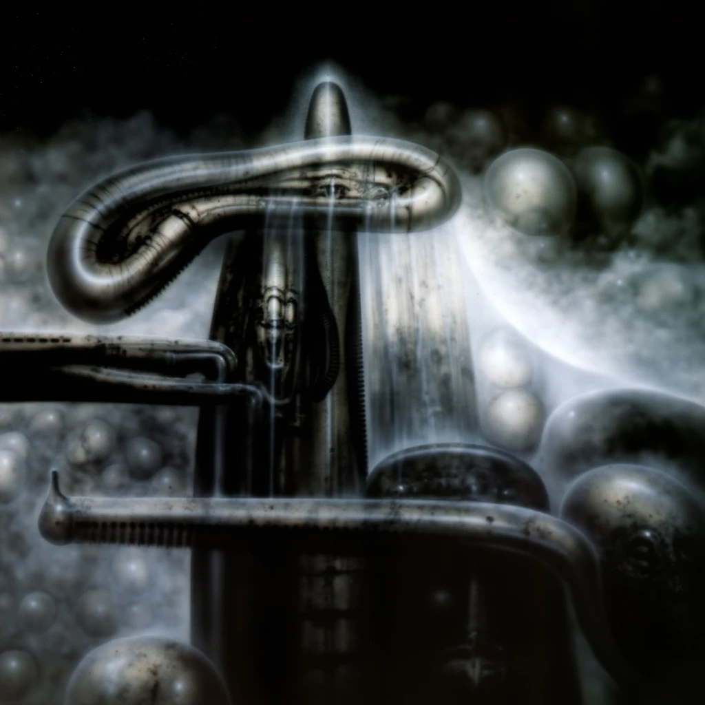 H. R. Giger's g1g3r, , Giger_style, The image is a detailed view of H.R. Giger's \" Island Of The Dead \" plate, featuring (  The image depicts a fantastical scene of a castle with a round tower, surrounded by a whirl of dark clouds and a starry nebulous sky in the background.by Giger ) H R GIGER's biomechanical is a digital artwork featuring  vertical city set against a backdrop of intricate mechanical pipes and wires.. with a glowing light source, dence cloudy mist, strokes of steam. (A haunting and surreal image inspired by the work of H.R. Giger. The artwork depicts a biomechanical , with intricate tubes and pipes snaking along the walls.  The image features a close-up of a mechanical object with a complex, intricate design, resembling a futuristic machine or robot, made of  burned bone and ivory, fossils,set against a blurred background, adding to the sense of unease and mystery. The overall atmosphere is one of darkness, decay, and the unsettling nature of the unknown, best quality:1.4) The artistic manner would be unmistakably Gigeresque. A dark and unsettling beauty would permeate the piece, blurring the lines between fascination and repulsion , forever haunted by the grotesque allure. Giger's signature artistic manner would be evident in every stroke. The artist has used careful linework to depict the contours and textures in the piece, (Triadic:1.1), (Proportion:1.1),  , (Reflected light:1.2), Parchment, ultra detailed, intricate,, dry b (best quality:1.4), H.R. GIGER,  BY GIGER