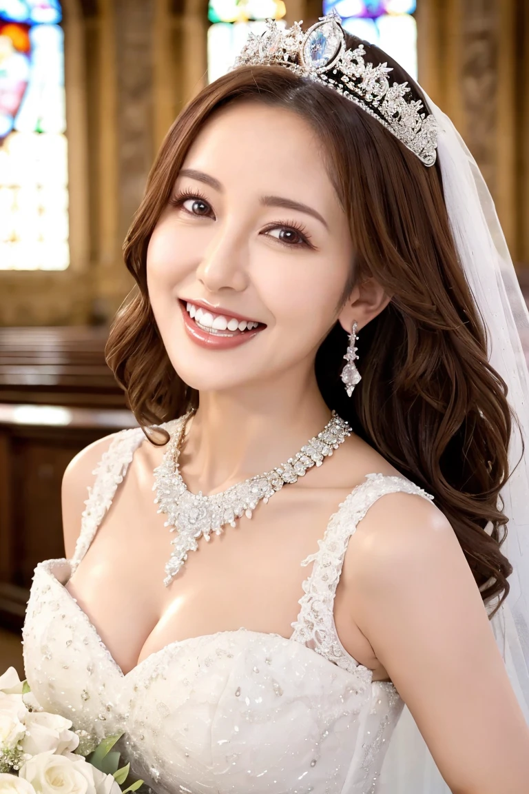 (highest quality、Tabletop、8k、Best image quality、Award-winning works)、One beautiful bride、(alone:1.1)、(The most extravagant and gorgeous huge wedding dresses:1.1)、(Perfect Wedding Lace:1.2)、(The most extravagant and luxurious giant tiara:1.1)、(The most extravagant and luxurious giant necklace:1.1)、The most beautiful smile is looking at me、A wide selection of the finest jewellery、(Bridal upper body photo:1.1)、Perfect Makeup、Long eyelashes、Ultra HD Shining Eyes、Ultra HD Hair、Ultra High Resolution Glossy Lips、Ultra High Resolution Perfect Teeth、Beautiful face in ultra-high definition、(Accurate anatomy:1.1)、(Very bright and beautiful skin:1.2)、(very bright and vivid:1.2)、(Luxury wedding venue background:1.1)