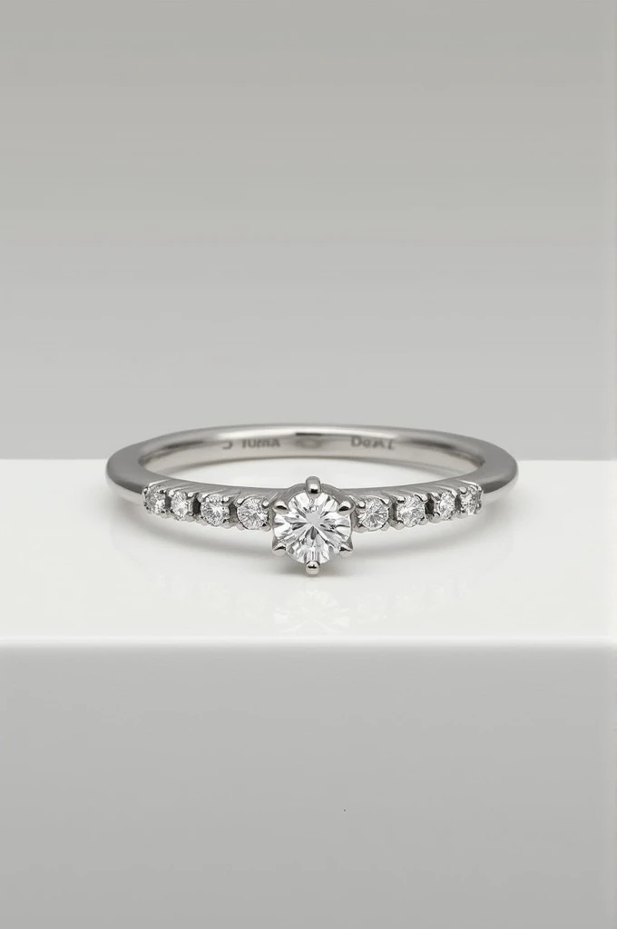 Generate an image of a platinum ring in the form of a platinum band , design ensuring that faithfully conform to the following specifications :
The ring must have a minimalist and elegant design , with a central 10-point diamond (0.1 carats ) embedded flush with the surface of the ring , without any type of frame or elevation .
On each side of the central diamond , place three 2-point diamonds (0. 02 carats ) Each, aligned in a continuous horizontal line , with three diamonds on each side of the central diamond , without protruding .
All diamonds must be embedded and level with the surface of the ring for a clean appearance, uniform and modern .
In total 7 diamonds
Make sure you clearly capture all the details of the design, while strictly respecting the indications of the structure and finish of the ring