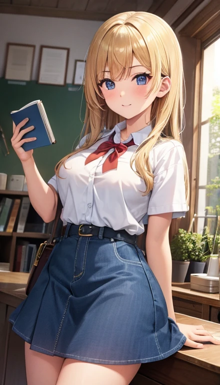 masterpiece, best quality, highly detailed, ultra high res, ayase arisa, 1girl, solo, hair ornament, long blonde hair, glossy lips, medium breasts, aqua eyes, light smile, school, hallway, white button-up shirt, pleated miniskirt, school neck ribbon, otonokizaka high school, holding textbook