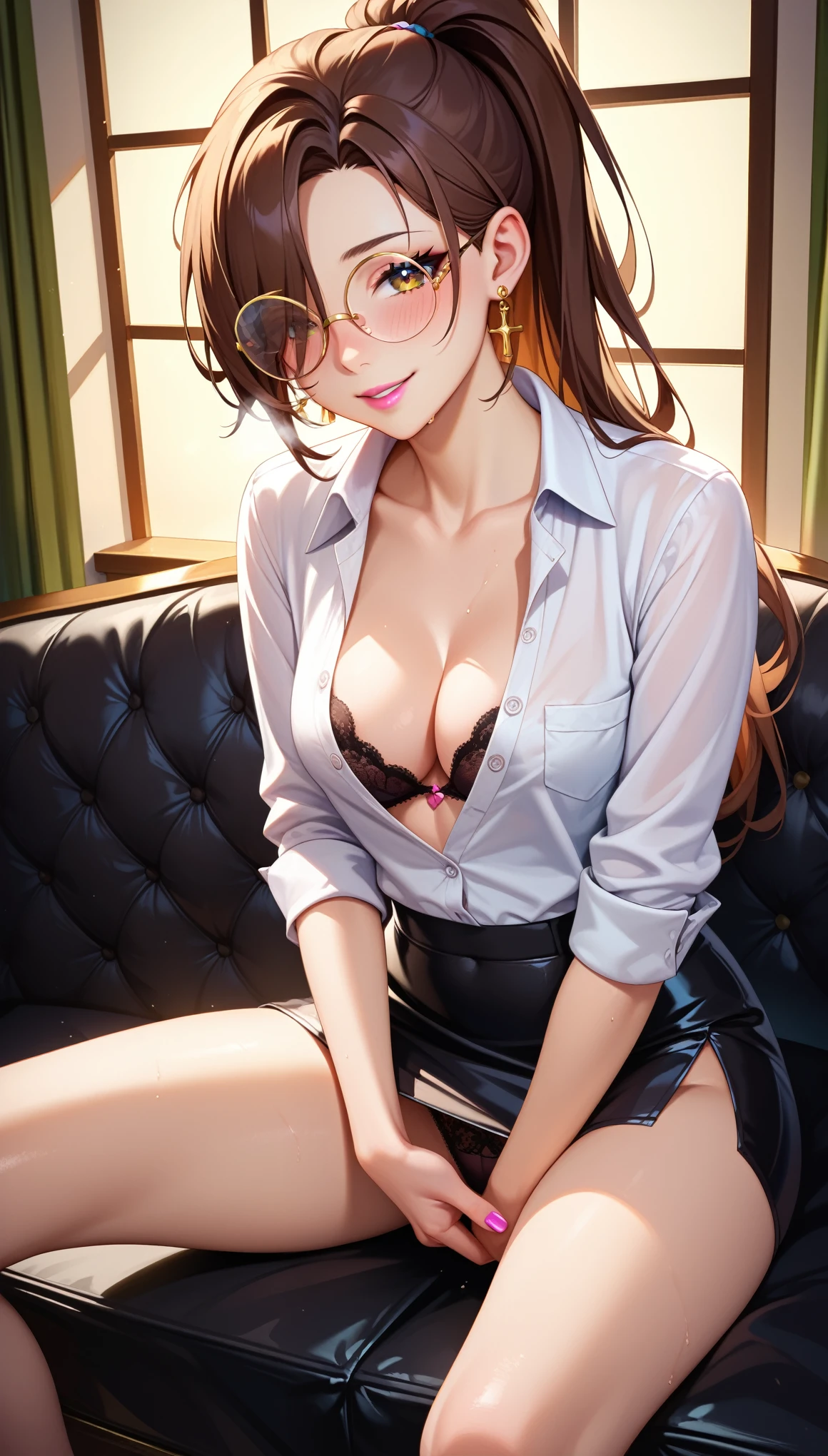 score_8_up, score_7_up, score_6_up, (Perfect Anatomy), Masterpiece, Ultra High Quality, 8k, masterpiece, Highest quality, Ultra-high resolution, Maximum resolution, Very detailed, Professional Lighting, anime, so beautiful, Highly detailed eye, Highly detailed face, flirty smile, slim girl,
student girl, round glasses, lifted up black skirt, unbuttoned white shirt, black lace underwear, sexy silk black stockings, black stilettos shoes with lacing. Brown hair, sidelocks, ponytail, hair covers one eye, earring in the form of a cross. Frown, embarrassed, sitting with legs spread, v-tuber room, OnlyFans girl, pink lipstick, light eyelashes, masterpiece, best quality, 1girl, solo, flirt, seduce pose, pleasure expression, languid breathing, masturbating, at night