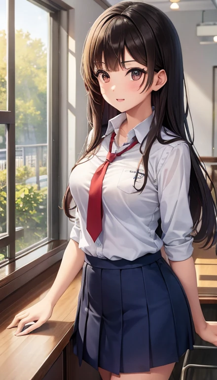 an anime in skirt and tie playing with herself by a window, 1 girl, alone, trembling, panties, underwear, chest, brown hair, skirt, green eyes, tie, white shirt, camel toe, red tie