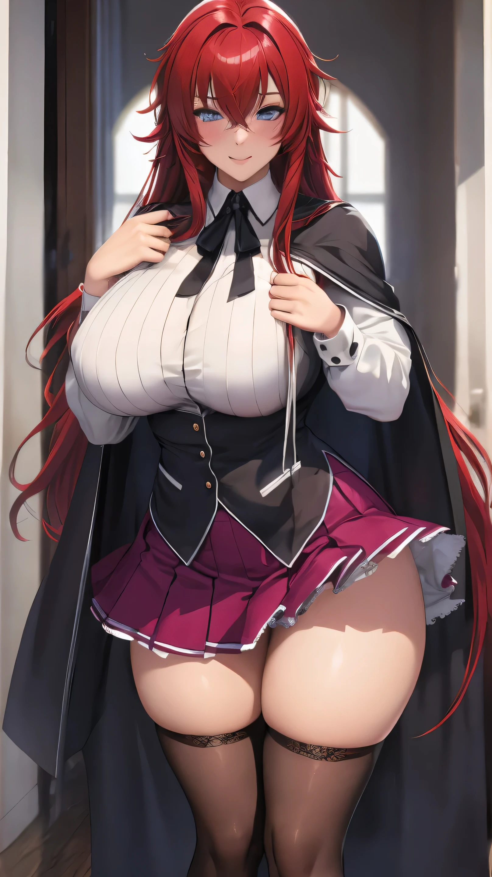 masterpiece, detailed, high quality, absurd, (hair over eyes), pale skin, blush, big breasts, curves, groin, doll, transparent, perverted face, big thighs,,,,, 
ANIME_DxD_Rias_Gremory_ownwaifu, 1girl, bangs, long hair, red hair, strong breasts, big breasts, rias gremory, blue eyes, hair between eyes, very long hair, collarbone, hair shots, hair over breasts, black cape, black corset, collared shirt, kuoh academy school uniform, layered skirt, underbust, school uniform, skirt, shirt, long sleeves, purple skirt, ribbon, miniskirt, neckband, thigh highs, ribbon black, big thighs, view from below