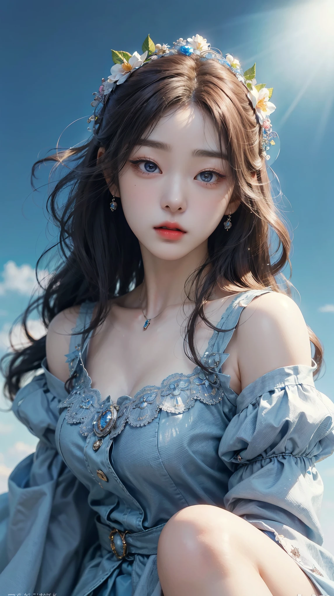 (masterpiece), ( top notch ), ( High Quality Details), (illustration), (1 woman),  look at the viewer and focus on the , (Interview),  beautiful and detailed eyes ,  delicate and beautiful face , Floating , (High saturation), (shining),  blue sky, Bright and beautiful face,  skin is young and radiant , 공정하고 shining, Best appearance , Very beautiful,  big eyes shine with clear sky blue light,  beautiful and amazing beautiful girl ,