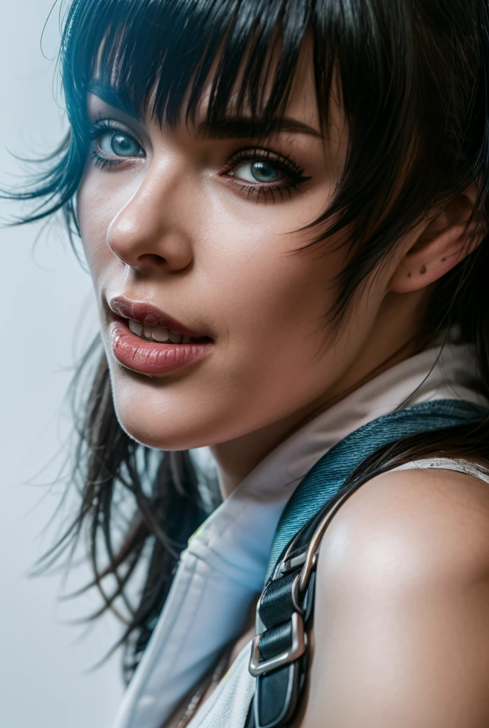 Close-up of a woman holding a gun on a white background, Female cyberpunk girl, cyber punk Girl, Letty in Devil May Cry,White top，denim short，Belt decoration，blue color eyes， Guweiz style artwork, author：Hero, guweiz, cyberpunk angry gorgeous goddess, Female anime characters, cyber punk Girl, Cyberpunk 20 years old. oh oh oh，Model girl, jet black haired cyberpunk girl