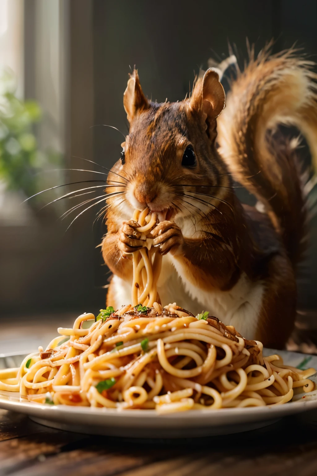 A (kawaii squirrel:1.0) bathing in a bowl of spaghetti. [:(foodporn:1.0), pasta, spaghetti, cheese, parmesan, cream, alfredo sauce, shrimp, olive oil, fresh basil, cherry tomatoes:0.1]. cherry blossoms, action scene, fine china, anime, cel shading, dramatic
 <lora:FoodPorn_v2:1.0> <lora:more_details:0>