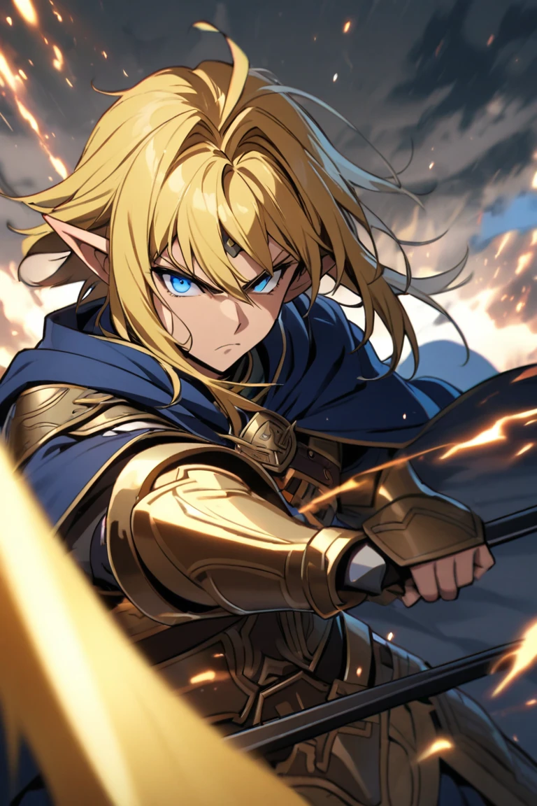 Elf male,  long golden hair , blue eyes, warrior, Armadura preta, Blue cloak, Serious