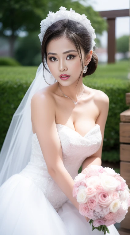 Fashion model 25 years old [[[[closeup cleavage]]]], [[[[boobgasm]]]], [[[[coll]]]], [[[[bshoulders]]]], perfect  eyes, Perfect iris，perfect lips，perfect teeth，Perfect skin，Soft front light，HDR，filmgirl,white wedding gown，White or pink flowers on the background，（pastel colour：1.2）