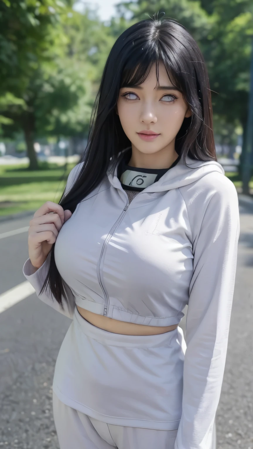 Masterpiece, textured skin, super detail, high detail, high quality, best quality, 1080p, 16k,  big breast, ((jogging))  adult. Hinata hyuga . outfit jogging. Hinata jogging, big breast, byakugan eye. Hinata hair. Jogging run, white eye byakugan, perfect finger,  big breast