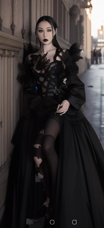 a close up of a woman in a black dress standing on a sidewalk, madonna genderbend elegant, wearing a gothic dress, she is wearing a black dress, goth style, gothic outfit, dark goth queen, goth chic, wearing modern gothic clothes, goth woman, goth, gothic dress, wrapped in black, fashionable dark witch, patrick westwood style, extravagant dress