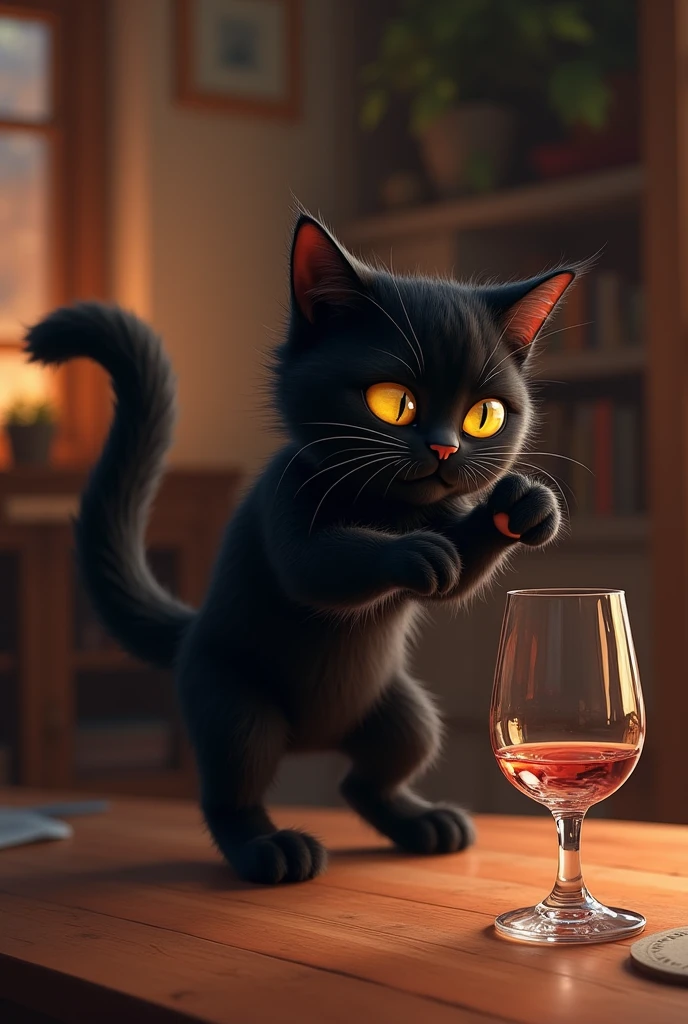 black cat drinking a glass of wine cartoon