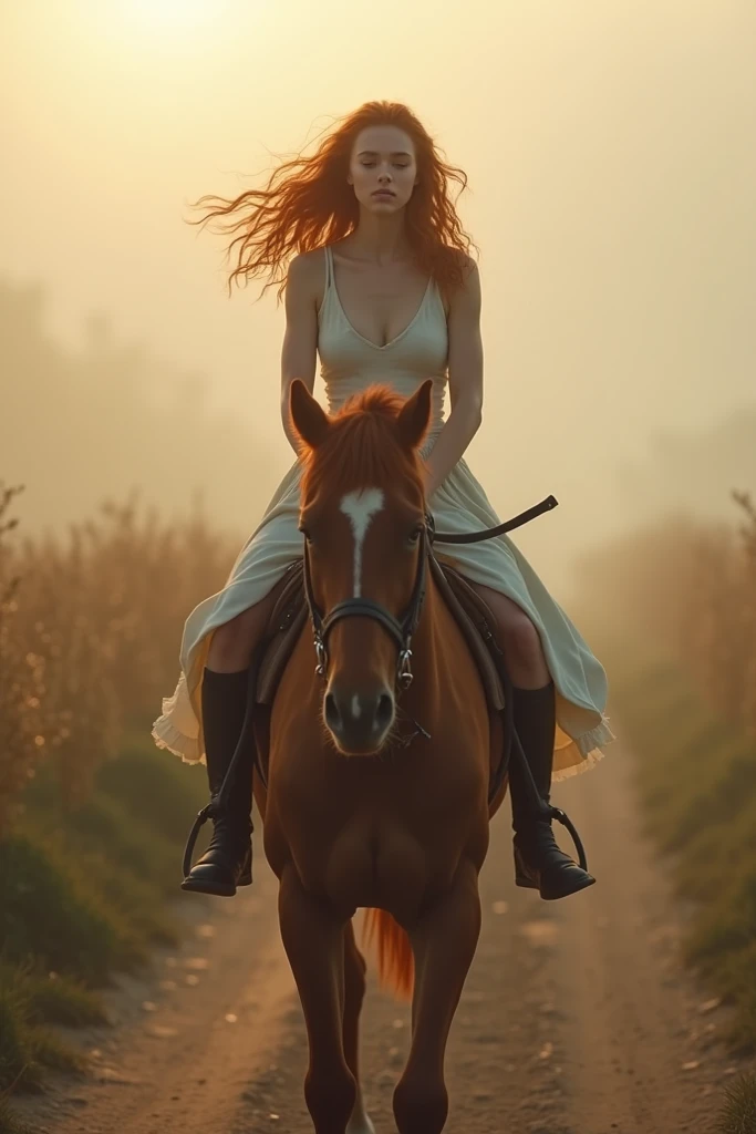 atmospheric perspective, 8k, super detail, ccurate, best quality (Naked) beautiful young girl witch (flying on a broomstick through the air) over forest and road, long hair fluttering in the wind. large breasts and thin waist. A demonic smile on her face. Night, big moon. In front of the girl on a broomstick sits a cat. (On the road rides a knight on a horse). They look at each other