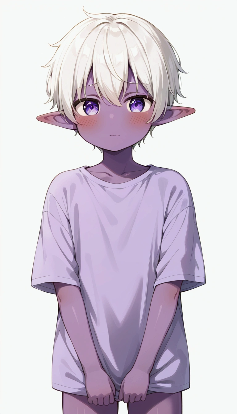 ((masterpiece, best quality), (full body:1.2), (standing), (ultra quality skin:1.2), 1boy, ((solo)), (shota), (boy_shota), drow, (dark purple skin, purple skin), elf ears, purple skin, blush, white hair, beautiful and detailed face, detailed eyes, green eyes, eyes, embarrassed, resentful, soft blush, standing pose, portrait, (front-facing, facing forward, from front, front facing), close up, upper body, bust and head shot, ((from front)), front profile, white background, plain background, oversized shirt