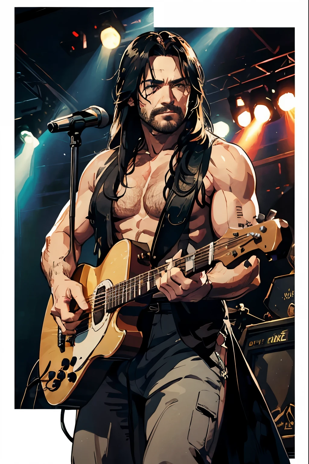 Rock singer's ４７ -year-old middle-aged man in special forces、Muscular、 long hair、 singing on stage、detailed expression、Stubble、Masculine、White、((Completely naked))、