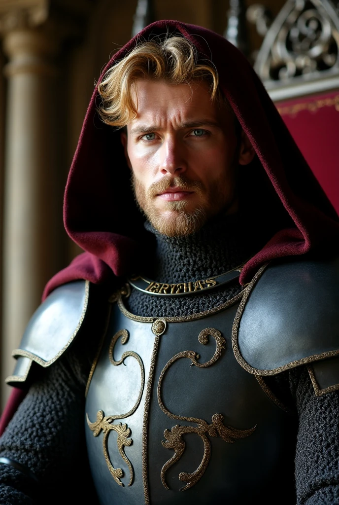  Tall handsome man , height 190, without masks, Renaissance armor, he covers only the top of his face in matte black ,  of the Knight King's artful ceremonial armor , with fine filigree carvings. Square face shape with a pronounced jaw line, masculinity.  Facial features are crisp ,  fabrics and the look is confident . A blond man with blue eyes , 37 years old. The head is wearing a dark burgundy hood. On the hood ,  on a man's head is a black steel crown.  detailed drawing . Fantasy armor .  Monogram carving , with symbols all over my armor .  The armor perfectly emphasizes his powerful figure .  The armor fits his chest,  repeating body anatomy . Add chain mail .  Elegant armor ,  follows the shape of men's muscles, not heavy , made of light alloys .  Background - Gothic-style throne room .