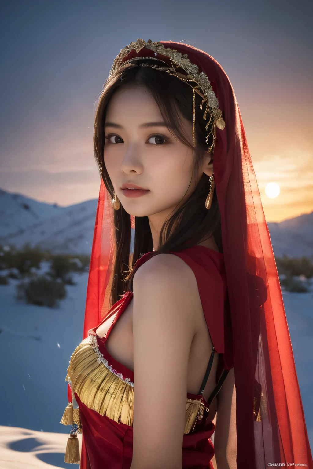  1 girl, (Wearing a red Arabian Nights style costume :1.2), (Veil),  portrait of a very beautiful Japanese idol, 
( RAW photo,  best quality), (Realistic, Realistic:1.4), (masterpiece), 
 Very Delicate and Beautiful,  very detailed, 2k wallpaper,  amazing, finely,  very detailed CG Unity 8K wallpaper,  very detailed,  Hi-Res, Soft light, 
 A girl with beautiful details ,  very detailed目と顔, Beautiful and sophisticated nose,  BEAUTIFUL BEAUTIFUL EYES ,  Movie Lighting, 
(***のwhole bodyのシルエット:1.3), ((A thin layer of snow piled up)Standing in the desert at night :1.3), (Big Moon), (Snowfield), (whole body), (Transmits light), (Dark screen:1.5), 
COMPLETE ANATOMY , Slender body,  small breasts