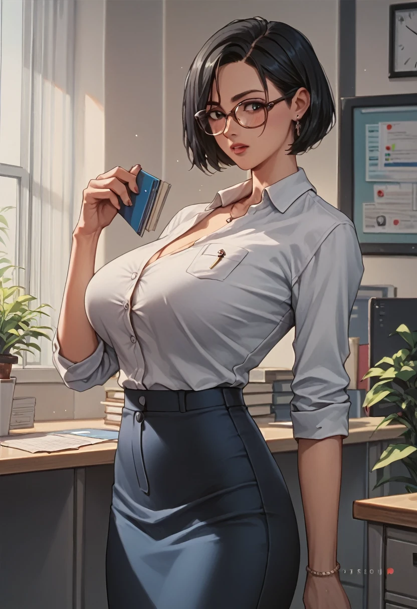  best quality　masterpiece　25 year old office lady　Big Breasts　 black hair　 short hair