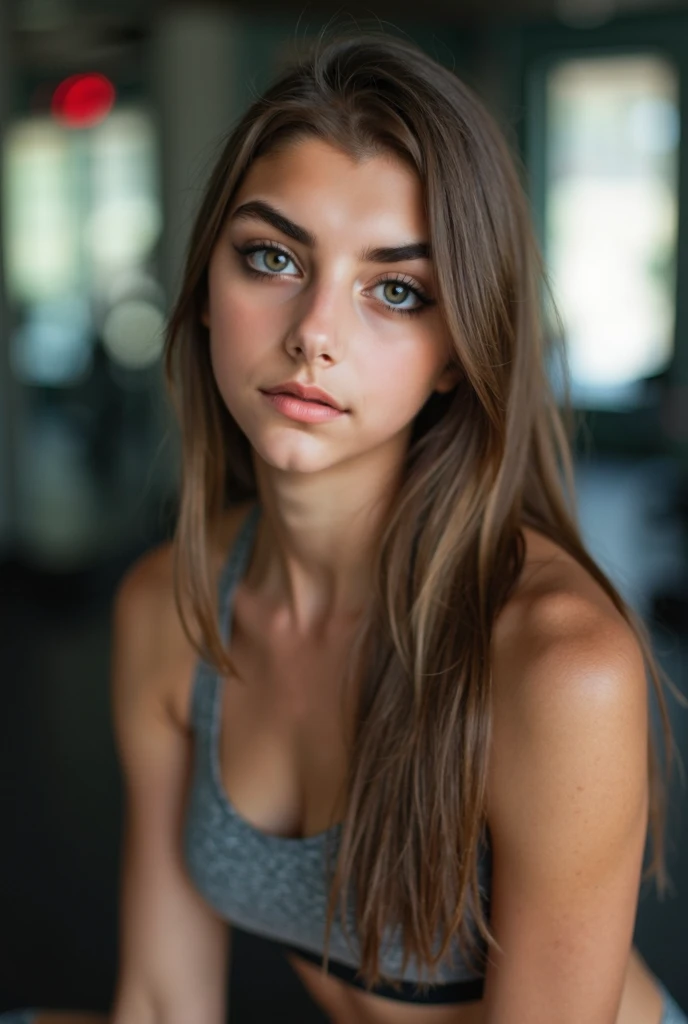 ((best quality)), ((masterpiece)), (detailed), perfect face(table top), sexy、Natural light, realistic diffused light、, professional lighting、shine a spotlight on a person、Big eyes、eyes are blue、blonde、Russian、swimsuit、The background is a gym、wirkout