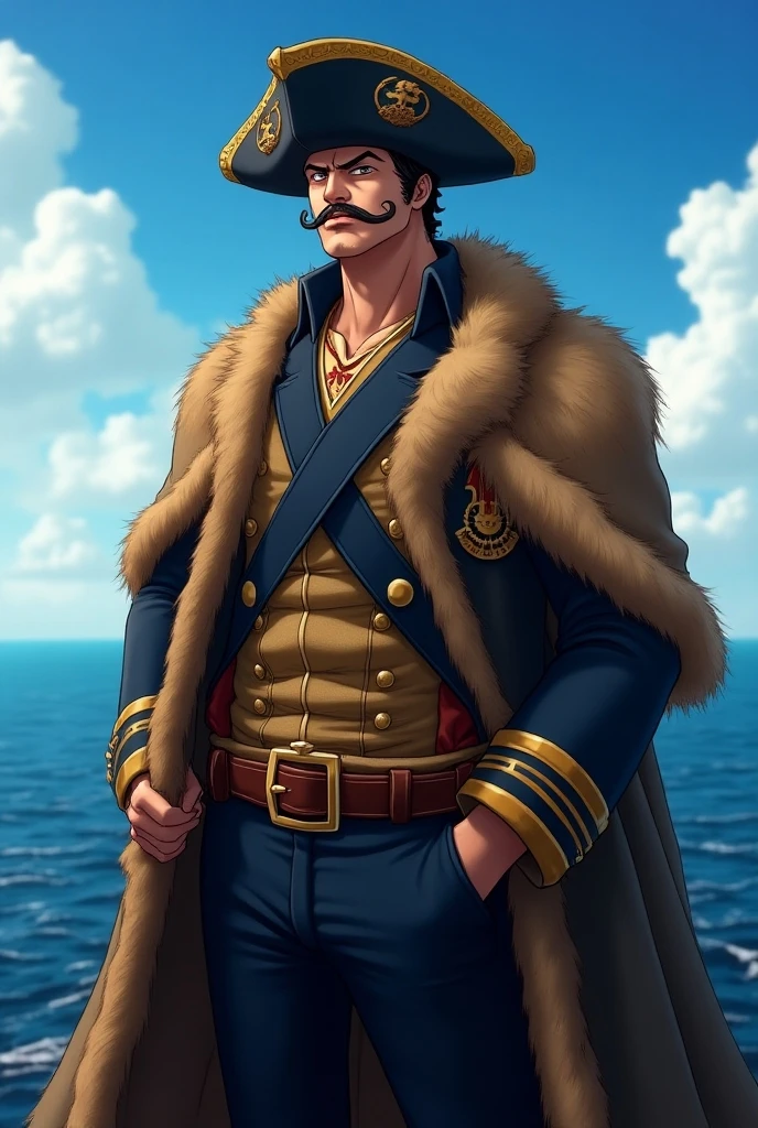 Male anime character 30 years old, navy commander, dark long hair, arms crossed, skull tattoo arms, scar on face, brown eyes, bad face, fit physique, environment Military base,, best shadow, best quality, masterpiece, image cinema, solo, bug removal, navy cover on back, ray tracing, dark skin color, no hat, Pirate style navy command suit, straight posture