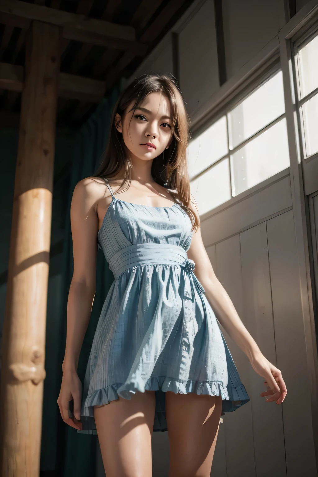 mujer coreana con vestido tradicional agarrando una espada, cabello suelto