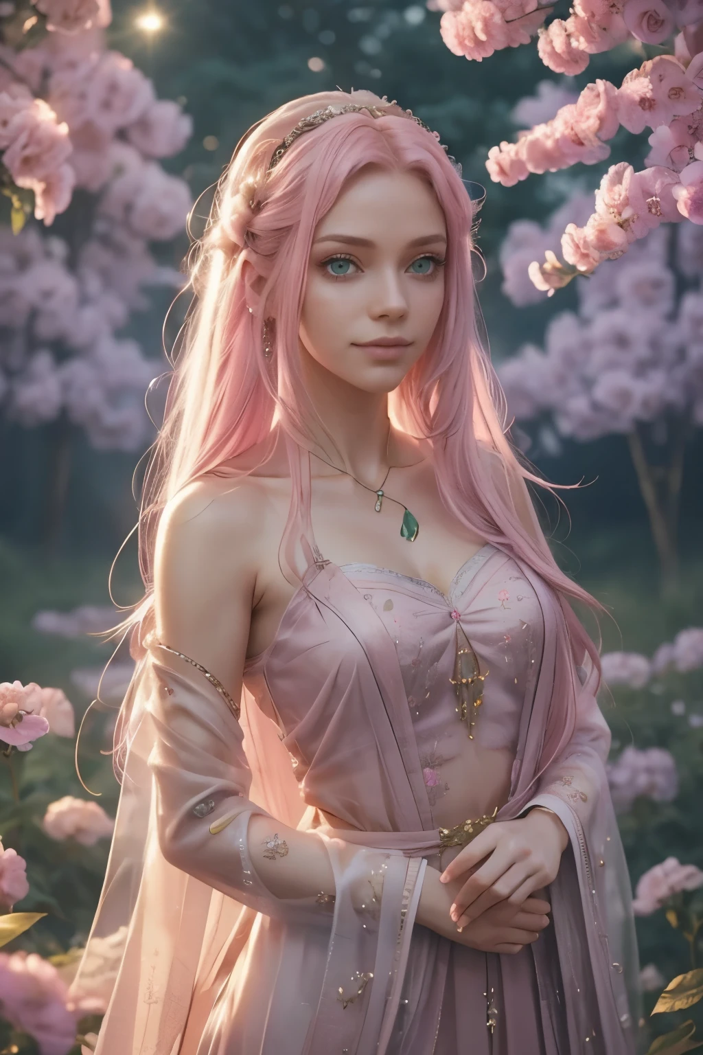 A delicate woman with long pink hair and pure green eyes, looking at the horizon with a small smile, the light of hope, she illuminates a sad world, the wind blows her pink hair, detailed face, detailed eyes, detailed lips, serene expression, beautiful, detailed, photorealistic, 8k, best quality, masterpiece, fantasy, magical, glowing, ethereal, soft lighting, pastel colors, romantic, dreamlike