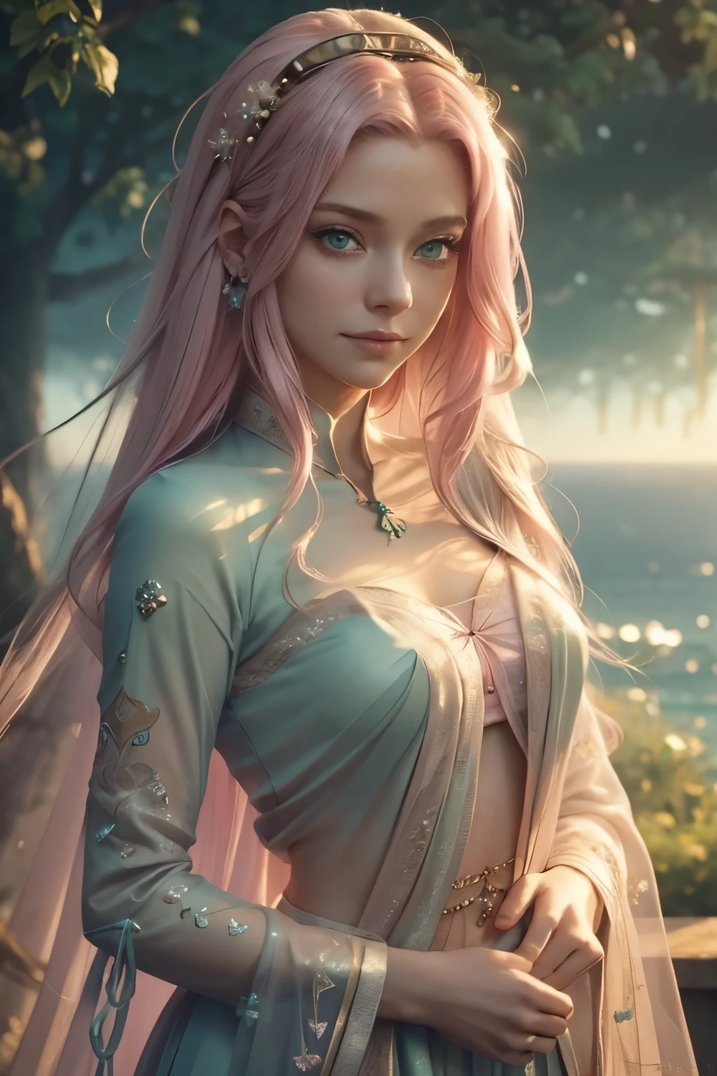 A delicate woman with long pink hair and pure green eyes, looking at the horizon with a small smile, the light of hope, she illuminates a sad world, the wind blows her pink hair, detailed face, detailed eyes, detailed lips, serene expression, beautiful, detailed, photorealistic, 8k, best quality, masterpiece, fantasy, magical, glowing, ethereal, soft lighting, pastel colors, romantic, dreamlike