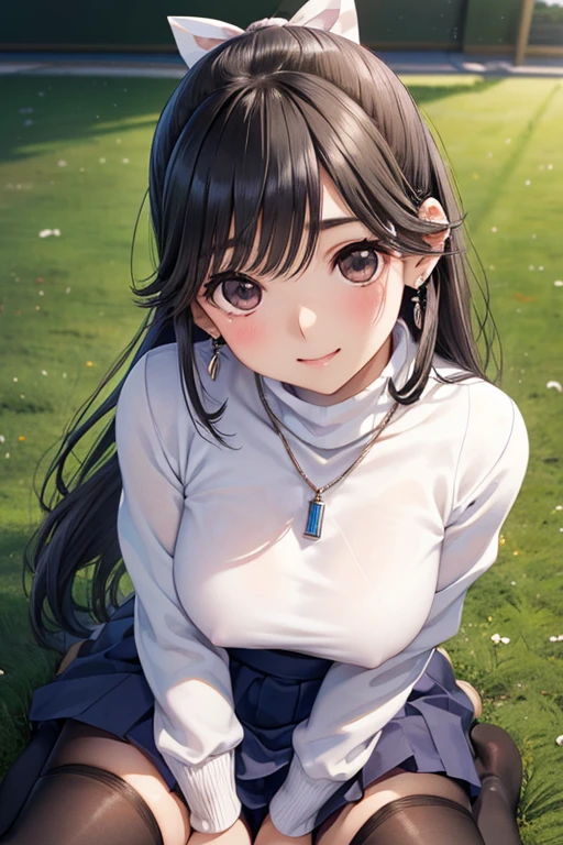 Takane Manaka、 Shiny brown long hair、White ribbon ponytail, beautiful brown eyed middle school students 、smile、Sparkling Eyes, (fine grain)、 very detailed eyes、 extremely detailed face,  very detailed eyes, masterpiece,  best quality,  Hi-Res, ( best quality,masterpiece:1.2),Alone,Alone、 cowboy shots、



 medium breasts,  dynamic angle,  perfect body, ((, female teacher, ,  earrings for a woman alone、 necklace 、 Turtleneck Sweater 、、 black knee-high stockings、(( open both legs wide 、Open both knees))、Tight denim skirt、はにかんだsmile、sit at the pulpit、 emphasizes the chest、、)), Superior、、、 evening 、、(Pink and white lace panties are visible、、(、)、)、