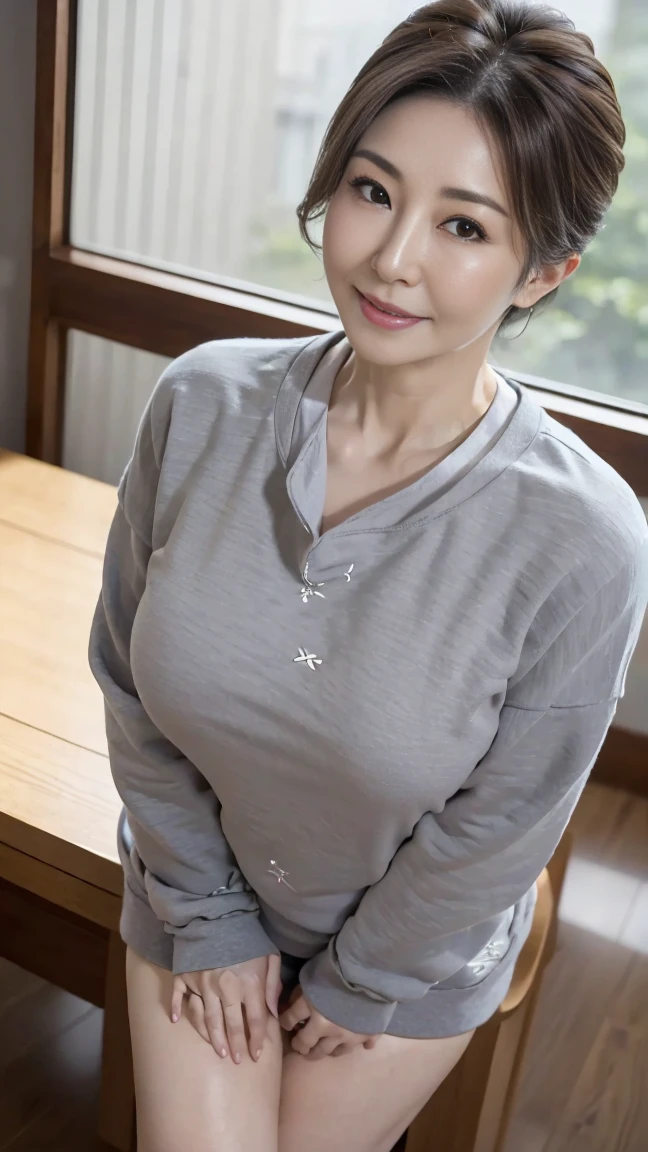 (highest quality,8k,masterpiece), Japanese mature woman,40 years,Mature Woman,Pure white skin, Tabletop、Top view from chest、 (Plump Breasts 1.3)、　((Grey sweatshirt top and bottom))、Random hairstyle、 ,A gentle smile、A gaze that seduces viewers、Early morning hours、Going out to take out the trash、