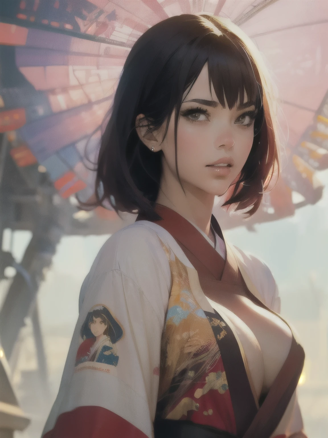 (Attack on Titan, Mikasa Ackerman), brown skin, (yukata), (short black hair), young, cute, beautiful girl, perfect style, gigantic breasts, emphasizing cleavage, expressionless, realistic, realistic, 8k, very detailed, highest quality, best quality, super high definition, masterpiece, one girl, (background is Japan of the Great Buddha of Nara),