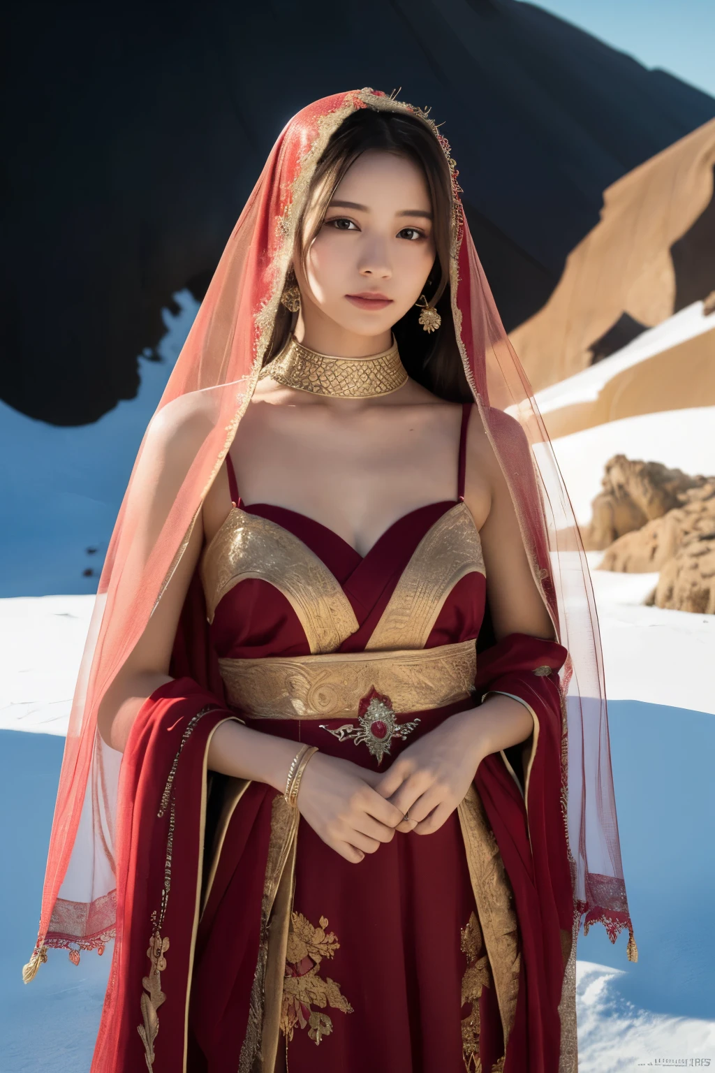  1 girl, (Wearing a red Arabian Nights style costume :1.2), (Veil),  portrait of a very beautiful Japanese idol, 
( RAW photo,  best quality), (Realistic, Realistic:1.4), (masterpiece), 
 Very Delicate and Beautiful,  very detailed, 2k wallpaper,  amazing, finely,  very detailed CG Unity 8K wallpaper,  very detailed,  Hi-Res, Soft light, 
 A girl with beautiful details ,  very detailed目と顔, Beautiful and sophisticated nose,  beautiful beautiful eyes,  Movie Lighting, 
(***のwhole bodyのシルエット:1.3), ((A thin layer of snow piled up)Standing in the desert at night :1.3), (Big Moon), (Dunes and snowfields ), (whole body), (Transmits light), (Dark screen:1.5), 
COMPLETE ANATOMY , Slender body,  small breasts